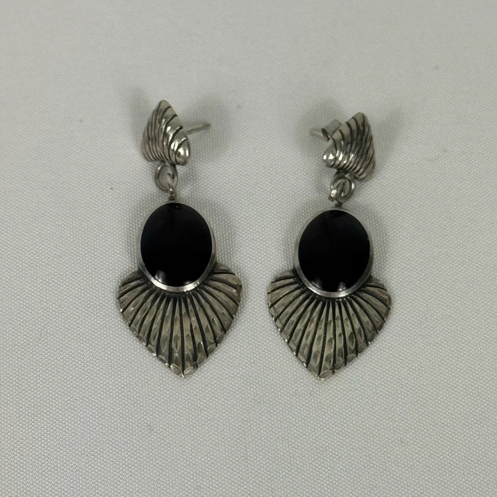 925 Sterling Silver Black Onyx Earrings, Diamond Cut Earrings